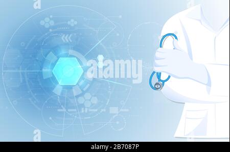 Abstract doctor close up in hospital gown lab coat uniforms with holding stethoscope concept health and medical on blue background. Stock Vector