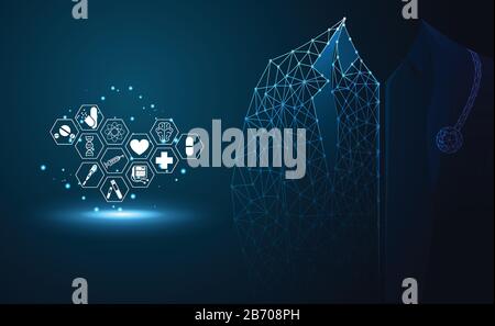 Abstract health medical science healthcare icon digital technology doctor concept modern innovation. Treatment, medicine on hi tech future blue backgr Stock Vector