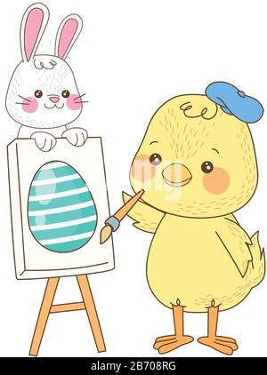 little rabbit and chick painting egg easter characters Stock Vector