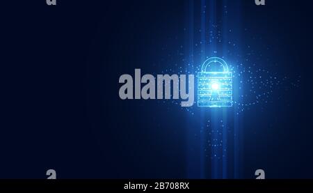 Abstract technology cyber security safe information privacy lock futuristic blue with binary digital data background. Stock Vector
