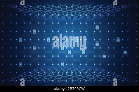 Abstract technology cyber security privacy information network concept padlock protection digital network internet link on hi tech blue future backgro Stock Vector