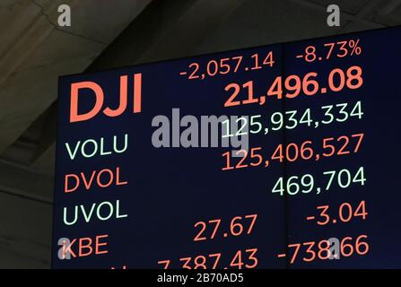 New York, United States. 12th Mar, 2020. A board on the the floor of the New York Stock Exchange shows the DJIA down over 2000 points after the opening bell on Wall Street in New York City on Thursday, March 12, 2020. U.S. stocks recovered some of their steep losses on Thursday after the Federal Reserve announced funding to ease strained capital markets in the wake of the coronavirus sell-off. The Dow Jones Industrial Average counted to fall over 2000 points even after trading was halted briefly after the open for 15 minutes. Photo by John Angelillo/UPI Credit: UPI/Alamy Live News Stock Photo