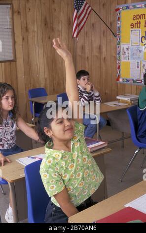 Austin Texas USA: Confident fourth grade student raises her hand to answer question in class. MR ©Bob Daemmrich Stock Photo