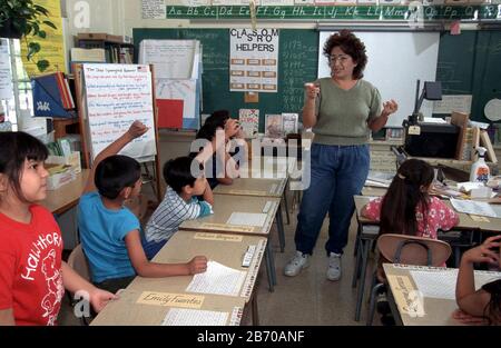 San Antonio Texas USA: Hispanic second grade teacher teaching math using body motions and song. MR ©Bob Daemmrich / Stock Photo