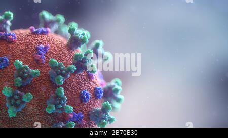 New 3D visualisation of the Covid-19 virus. Most people infected with Coronavirus develop severe acute respiratory illness with symptoms of fever, cough, and shortness of breath. Credit: Fusion Medical Animation/Alamy Live News Stock Photo