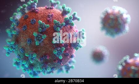 New 3D visualisation of the Covid-19 virus. Most people infected with Coronavirus develop severe acute respiratory illness with symptoms of fever, cough, and shortness of breath. Credit: Fusion Medical Animation/Alamy Live News Stock Photo