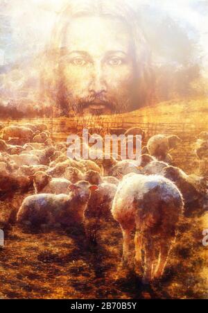 Jesus The Good Shepherd, Jesus and lambs. Stock Photo