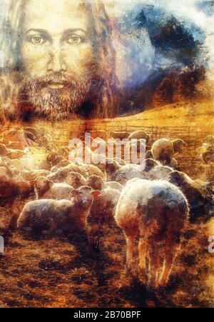 Jesus The Good Shepherd, Jesus and lambs. Stock Photo