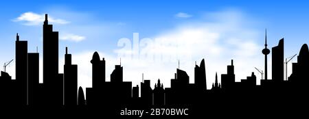 Abstract city against the blue sky and white clouds. City, sky, clouds. Stock Vector