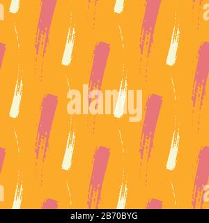 Colorful brush stroke canvas seamless pattern background. Coarse painterly swiped diagonal parallel stripe backdrop. Modern pink orange interrupted Stock Vector