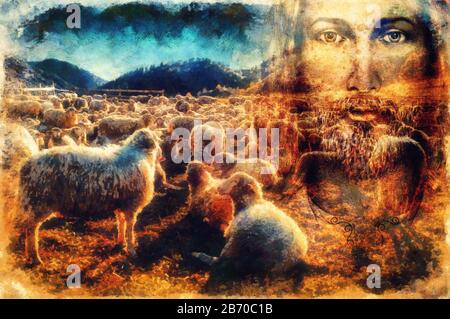 Jesus The Good Shepherd, Jesus and lambs. Stock Photo