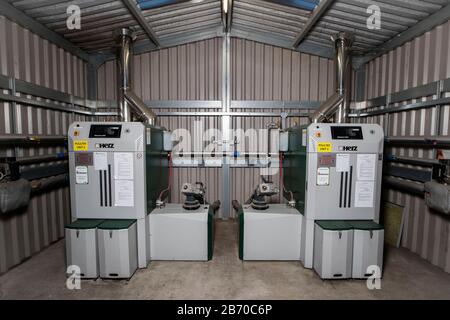 Two biomass boilers on a poultry farm outside of Moira, Co. Down, purchased by poultry farmer Ronnie Wells with the aid of the Northern Irish version of the Renewable Heat Incentive. A public inquiry into the Stormont government's botched handling of the scheme is due to publish its report tomorrow. Stock Photo
