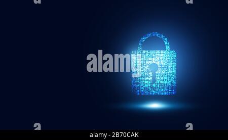 Abstract technology cyber security safe information privacy lock futuristic blue with binary digital data background. Stock Vector