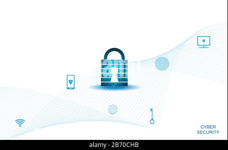 Abstract Cyber security with padlock blue on white and icon technology Future cyber background. Stock Vector