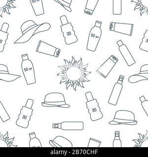 Vector seamless pattern Travel illustration Sun, sun hats, sunscreen cream, lotion, milk Skin protection from solar ultraviolet radiation Summer time, Stock Vector