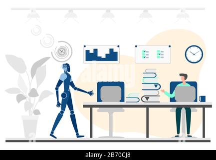 Vector illustration Robot, human teamwork. Partnership with robot. Artificial Intelligence. People, AI interaction concept. Robot, human working at of Stock Vector