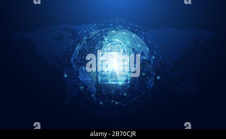 Abstract Cyber security with padlock blue world circle technology Future cyber background. Stock Vector