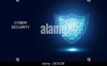 Abstract Cyber security with shield blue digital wireframe technology Future cyber background. Stock Vector