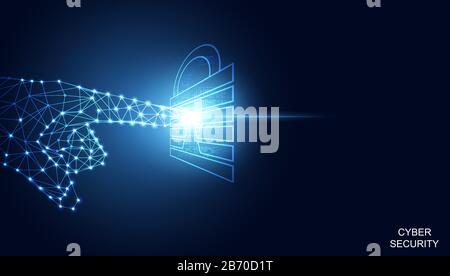 Abstract technology line triangle and points low poly polygonal future modern wireframe on padlock hi tech future blue background. Stock Vector