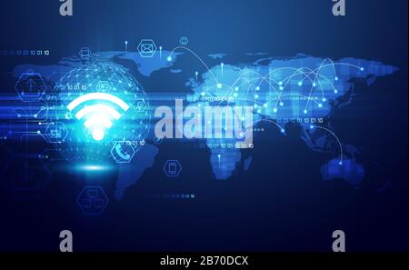 Wifi wireless symbol abstract data transfer big data futuristic technology background. with icon business connection and communication in map digital Stock Vector