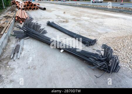 iron mesh for foundation and concrete on the street. stack of iron Stock Photo