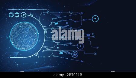 Abstract technology internet world map global network connection in big data future futuristic background. Stock Vector