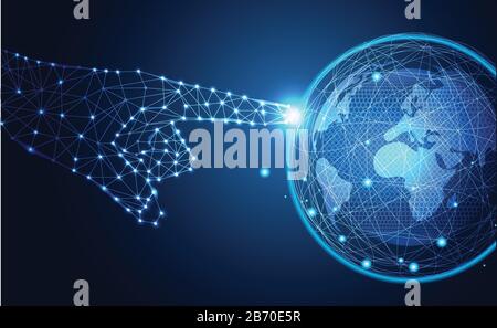 Abstract technology line triangle and points businessman low poly hold the phone in hand polygonal future modern wireframe on hi tech future blue back Stock Vector