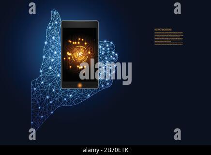 abstract technology digital low poly futuristic wireframe concept hand digital consisting of points lines on smartphone futuristic digital network con Stock Vector