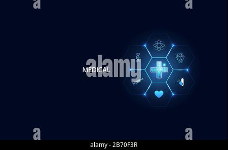 Blue abstract image with futuristic modern science That is blue and light flare, positive health concept For medical and with icons such as atom, brai Stock Vector