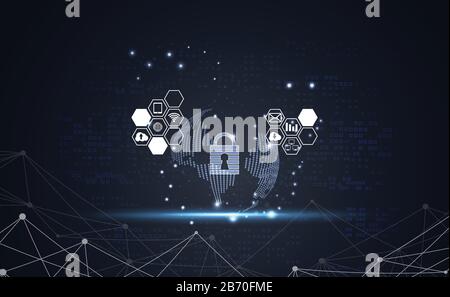 Abstract technology world cyber security privacy icon information network concept padlock protection digital network internet link on hi tech blue fut Stock Vector
