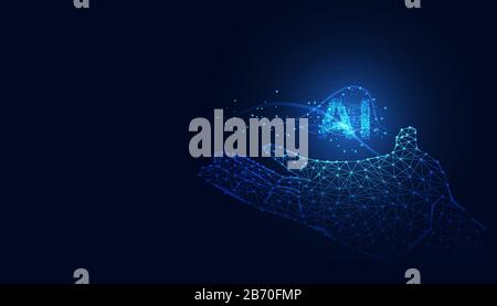 Abstract technology Ai computing on circuit hand concept hand of robot wireframe futuristic digital for future on dark blue background. Stock Vector