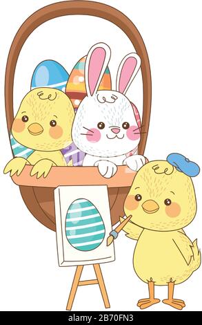 little rabbit and chick with eggs painted in basket Stock Vector