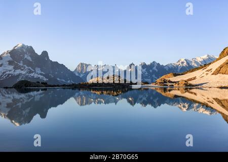 Mont Blanc Massif Reflected in Lac Blanc, Graian Alps, France Stock Photo