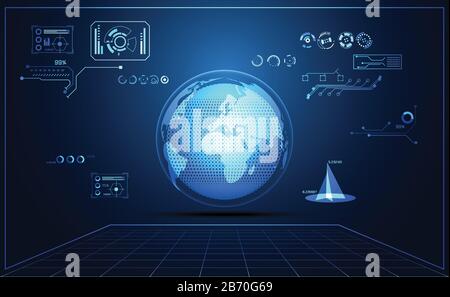 abstract technology ui futuristic world hud interface hologram elements of digital data chart, communication, computing and circle percent vitality in Stock Vector