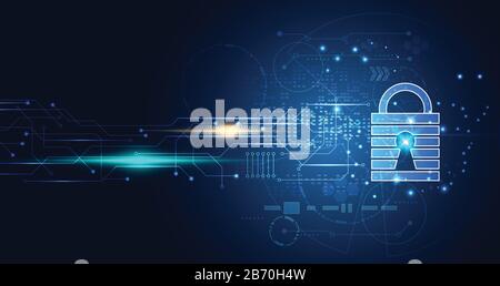 Abstract technology hexagon digital cyber security privacy information network concept padlock protection digital network internet link on hi tech blu Stock Vector