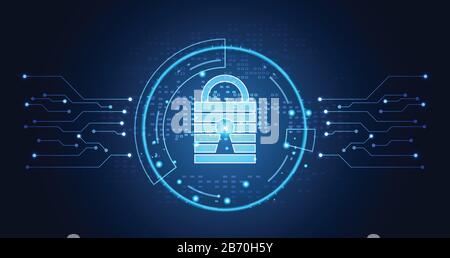 Abstract technology cyber security privacy information network concept padlock protection digital network internet link on hi tech blue future backgro Stock Vector