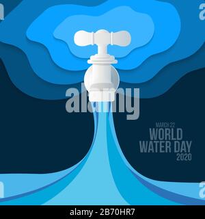 Water world day with faucet or water tap with flowing water and world water text vector designs Stock Vector
