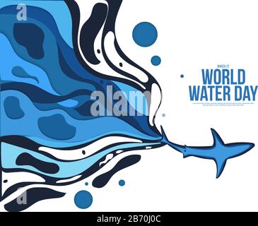 Paper art of water wave sea and shark, vector art and illustration Stock Vector