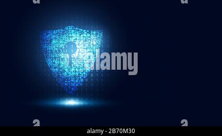 Abstract technology cyber security safe information privacy shield futuristic blue with binary digital data background. Stock Vector