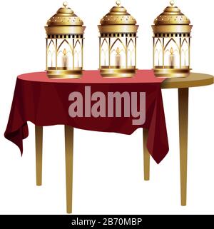 Antique golden magic lamps and candles in table Stock Vector