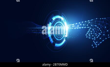 Abstract technology line triangle and finger points low poly polygonal future modern wireframe on circle hi tech future blue background. Stock Vector