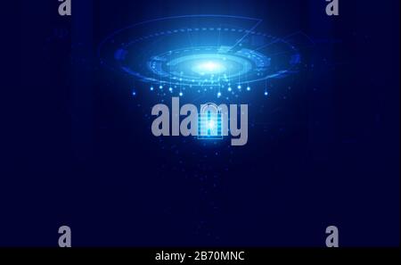 Abstract technology cyber security privacy information network concept padlock protection digital network internet link on hi tech blue future backgro Stock Vector