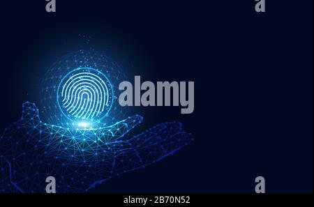 Blue abstract image that is futuristic with finger prints And digital wireframe concept. Theft detection Prevention of cyber threats That is using sec Stock Vector
