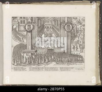 Kroning van Jacobus I te Westminster, 1603 Serie 4 Franse, Duitse en Engelse Gebeurtenissen, 1576-1610 (serietitel) coronation of James I in Westminster Abbey in London, July 25, 1603. Procession to the church itself and the coronation celebrations in the streets. In the show inscriptions in Latin. With signature of 16 lines in German. Bottom left numbered 345. The print is part of a album. Manufacturer : printmaker French High Mountain (workshop) Place manufacture: Cologne Date: 1603 - 1605 Physical features: etching material: paper Technique: etching Dimensions: plate edge: H 210 mm × W 280 Stock Photo