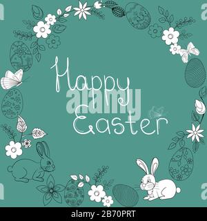 Colorful Easter Greeting card with flowers, eggs and rabbits, Easter wreath with elements of composition. Stock Vector