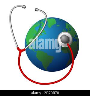 Planet Earth and a red medical phonendoscope. Taking care of our place of residence. Problems of ecology and climate. Stock Vector