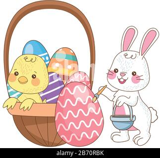 little rabbit and chick with eggs painted in basket Stock Vector