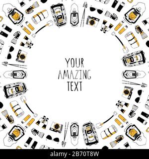 Vector card template for outdoor activities. Round frame with hand drawn camping symbols. Backpack, sleeping bag, flashlight, binoculars, sunglasses Stock Vector