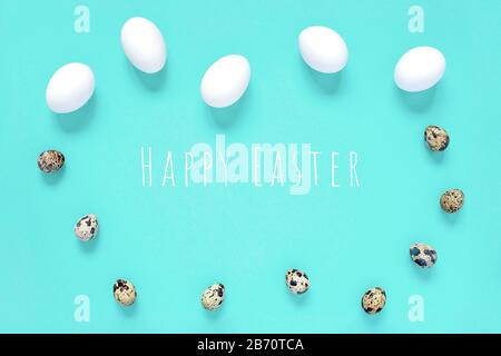 Easter card. Eggs of quail and chicken form a frame. The concept on a light background Stock Photo