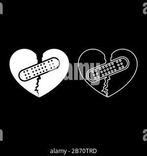 Heart with patch connecting two halves icon outline set white color vector illustration flat style simple image Stock Vector